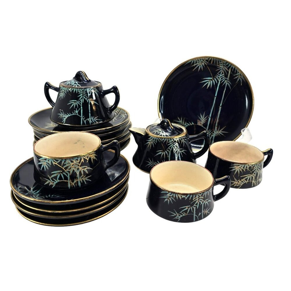 Soto Japanese Bamboo Pattern Tea Set Cobalt Blue Plates Cups & Saucers je133